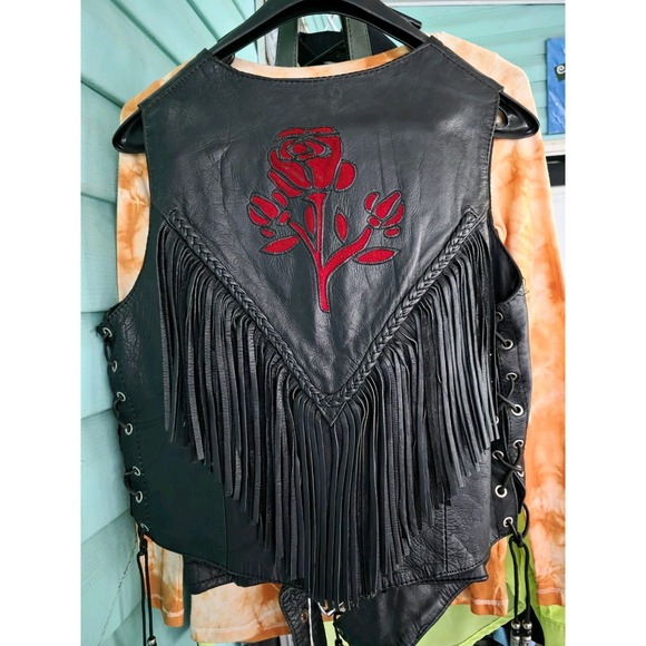 UNIK Leather Motorcycle Vest Fringe with‎ Roses Biker Vest Western Style - Picture 2 of 2